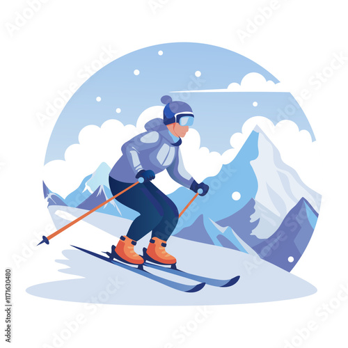 This flat illustration shows a person skiing down a snowy mountain slope