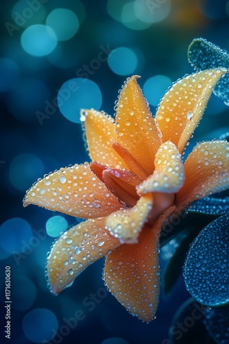 Vibrant orange flower with water droplets glistening in a soft blue background