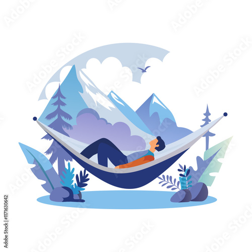 Person relaxing on hammock, flat illustration
