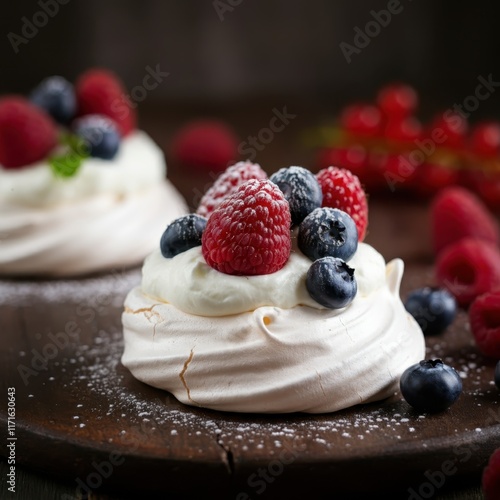 Decadent berry pavlova, Fresh mixed berries, Whipped cream swirls, Rustic wooden table, Soft bokeh background, Moody lighting, Close-up food photography, Vibrant colors, Textured dessert, Gourmet culi photo