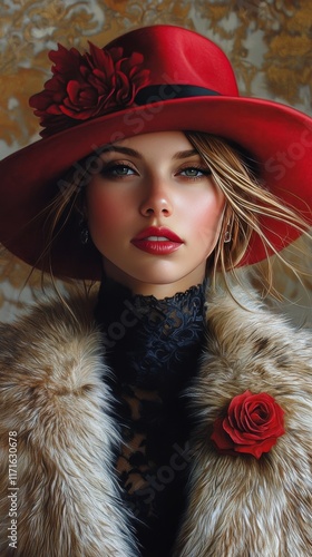 Elegant woman in a luxurious fur coat and red hat poses confidently indoors
