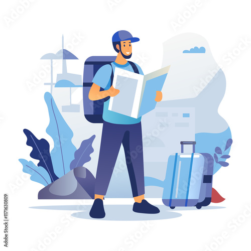 A flat style illustration of solo travel