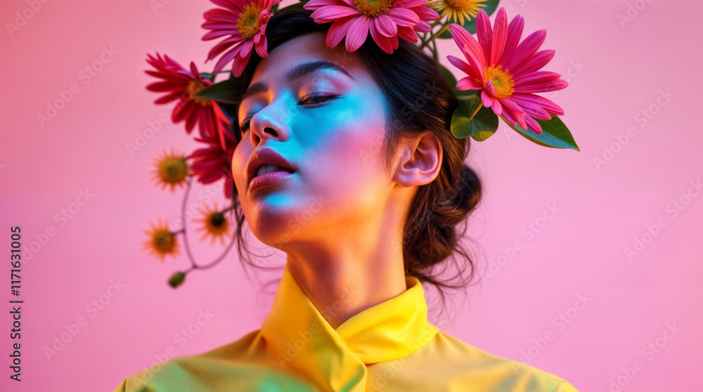 Woman with flower crown, vibrant studio portrait. Neon pink and blue lighting enhances beauty and style. Woman with flower crown, vibrant studio portrait. Neon pink and blue lighting enhances beauty and style.