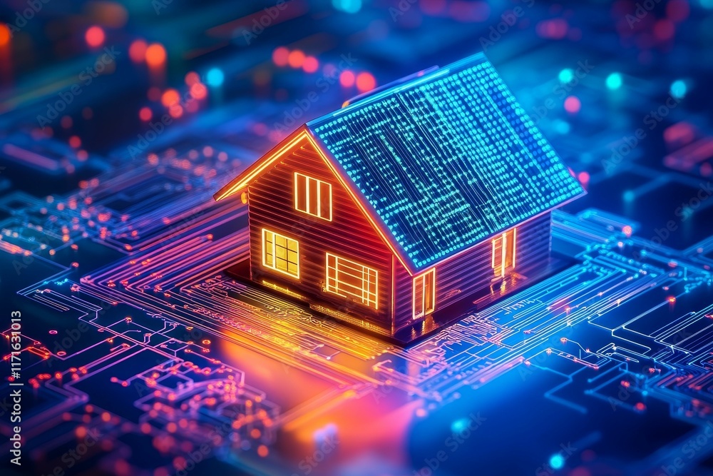 Luminous house model atop glowing circuit board. Luminous house model atop glowing circuit board.