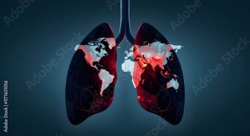 Lungs with World Map Overlay Highlighting Global Tuberculosis Impact. Tuberculosis Day photo