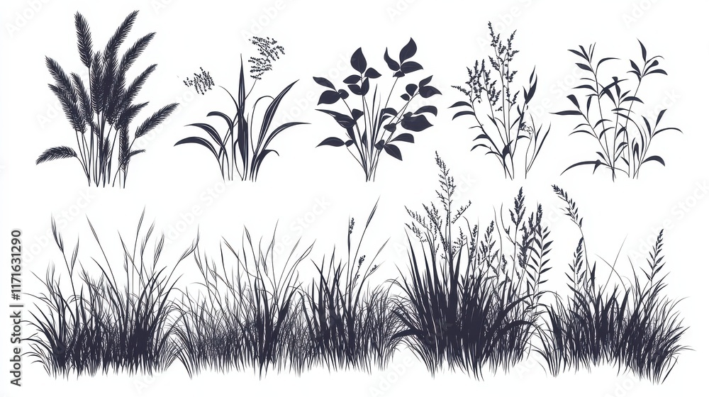 Naklejka premium Grass black silhouettes. Bush silhouette, isolated meadow or lawn borders. Forest elements, decorative spring summer nature neoteric vector collection