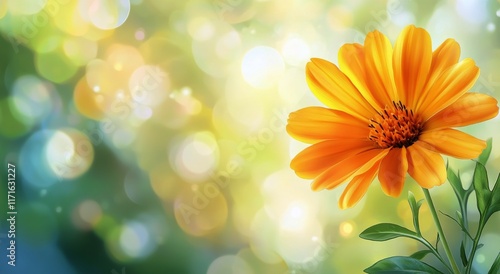Bright yellow flower stands out against a blurred green background with soft ...