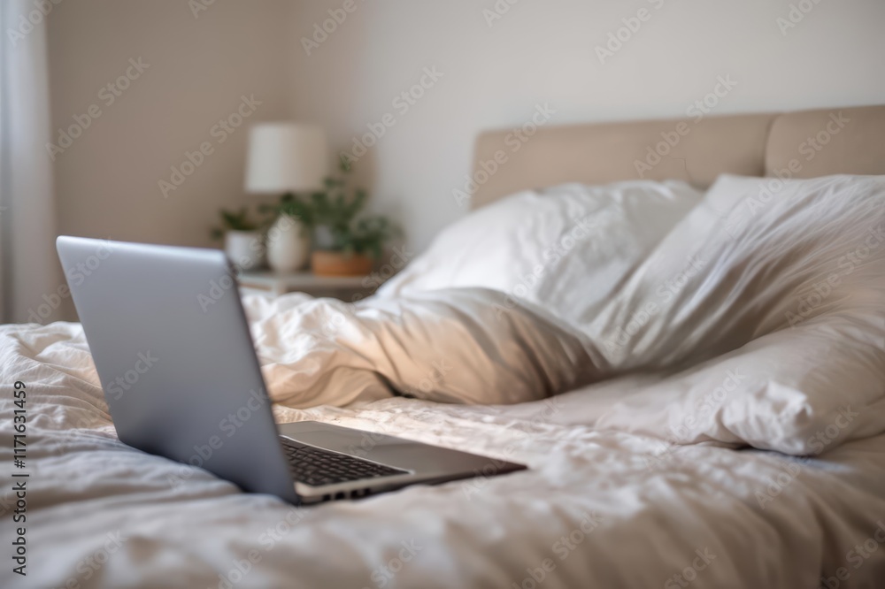 Fototapeta premium laptop on bed in bedroom at home