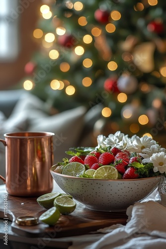 Fresh strawberries and limes on a wooden table with festive decor during the ...