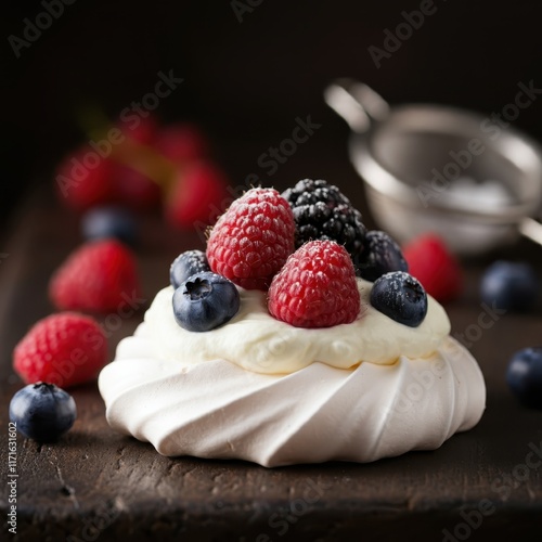 Decadent berry pavlova, Fresh mixed berries, Whipped cream swirls, Rustic wooden table, Soft bokeh background, Moody lighting, Close-up food photography, Vibrant colors, Textured dessert, Gourmet culi photo