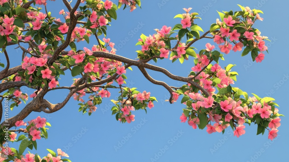 Blooming tree branches with pink flowers against blue sky. Sprin Blooming tree branches with pink flowers against blue sky. Sprin