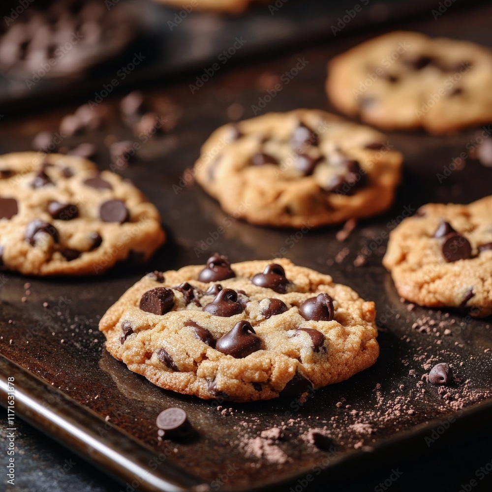 Freshly baked chocolate chip cookies cooling on a baking tray in a kitchen Freshly baked chocolate chip cookies cooling on a baking tray in a kitchen