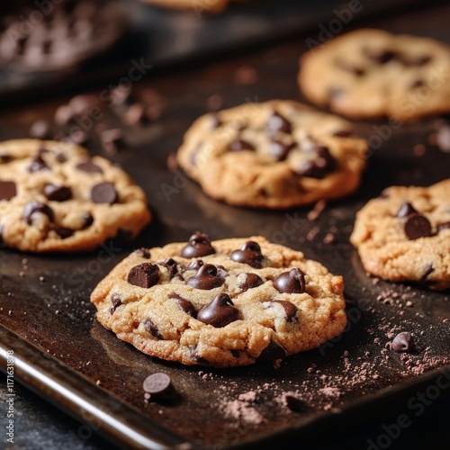 Freshly baked chocolate chip cookies cooling on a baking tray in a kitchen