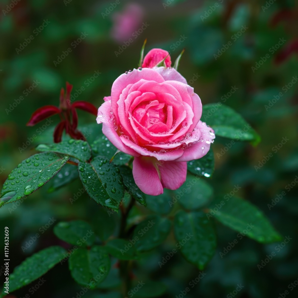 Pink rose in bloom, soft morning light, dewdrops, lush green leaves, ethereal glow, dreamy atmosphere, macro photography, bokeh effect, vibrant colors, garden scene, romantic mood, floral beauty, natu Pink rose in bloom, soft morning light, dewdrops, lush green leaves, ethereal glow, dreamy atmosphere, macro photography, bokeh effect, vibrant colors, garden scene, romantic mood, floral beauty, natu