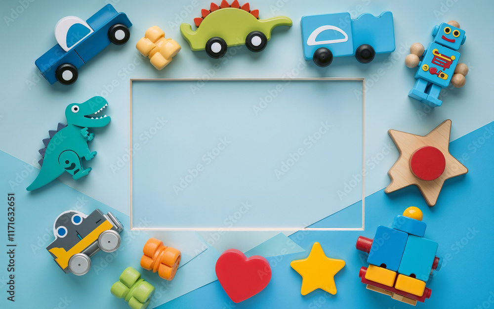 Naklejka premium Colorful plastic and wooden kids toys arranged on a blue background with a blank space for text