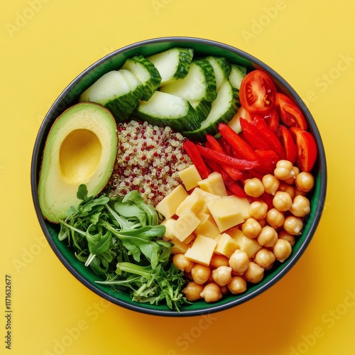 Fresh and colorful salad bowl with avocados, tomatoes, chickpeas, and mango