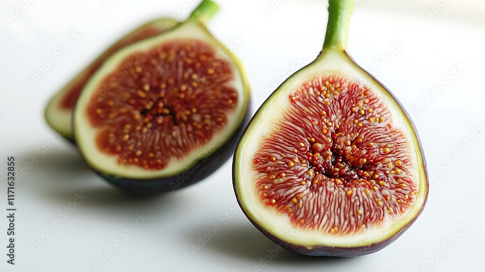 Isolated fresh fig fruit sliced in half isolated on solid white background. Isolated fresh fig fruit sliced in half isolated on solid white background.