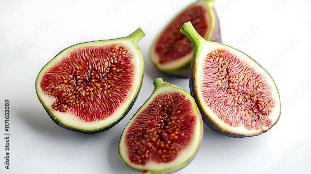 Isolated fresh fig fruit sliced in half isolated on solid white background. Isolated fresh fig fruit sliced in half isolated on solid white background.