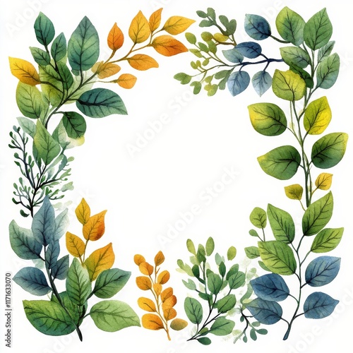 Colorful watercolor leaves create a decorative border for various design proj...