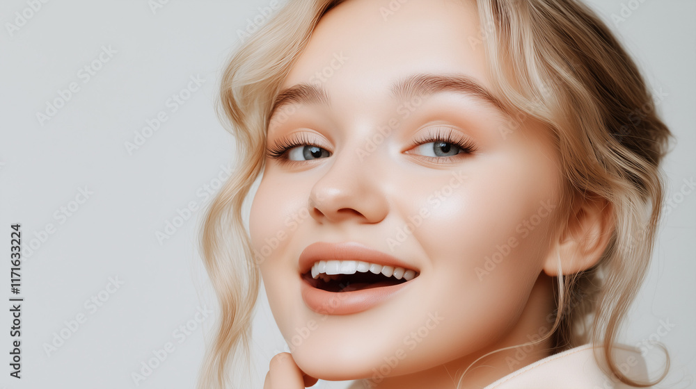 Beauty woman with clean healthy skin, natural make up, blond hair. Perfect for skincare ads, spa concept, beauty photography, and wellness-themed Beauty woman with clean healthy skin, natural make up, blond hair. Perfect for skincare ads, spa concept, beauty photography, and wellness-themed