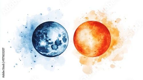 Watercolor Illustration of Solar Eclipse and Astrology Symbols for Esoteric Topics photo