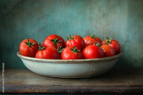 Freshly harvested red tomatoes arranged in a clay bowl on a rustic wooden sur...