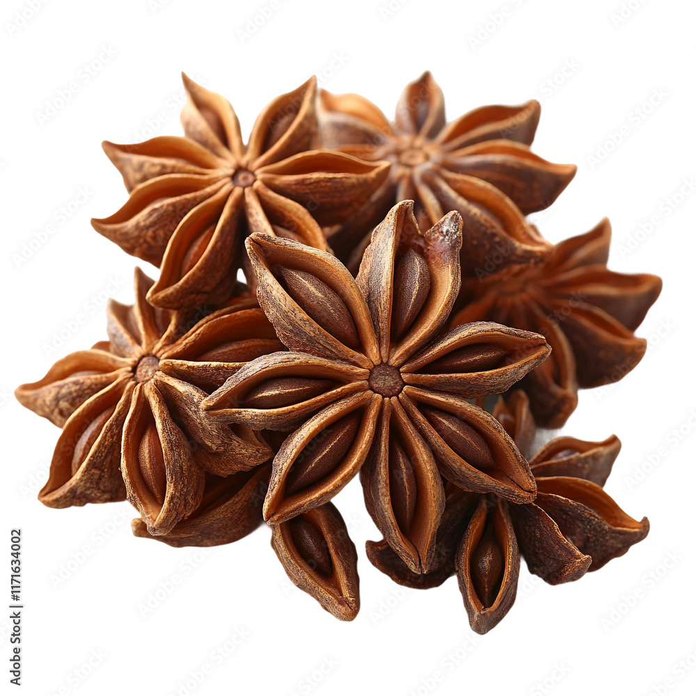 A cluster of star anise pods arranged in an elegant pattern on a transparent background, Star Anise Cluster on a transparent background A cluster of star anise pods arranged in an elegant pattern on a transparent background, Star Anise Cluster on a transparent background