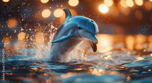 Dolphin leaping joyfully at sunset, creating splashes in a shimmering ocean