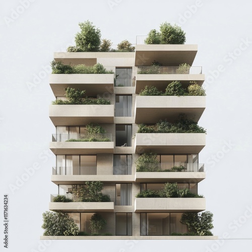 Modern architectural design featuring layered structure with greenery in urba...