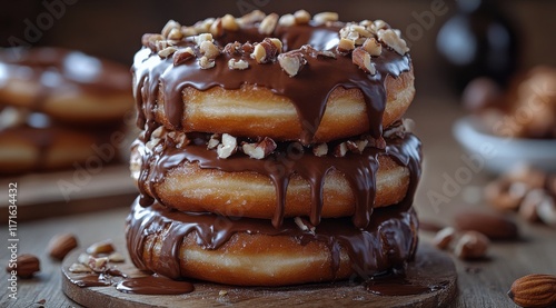 Delicious stacked donuts topped with chocolate and nuts at a cozy bakery setting