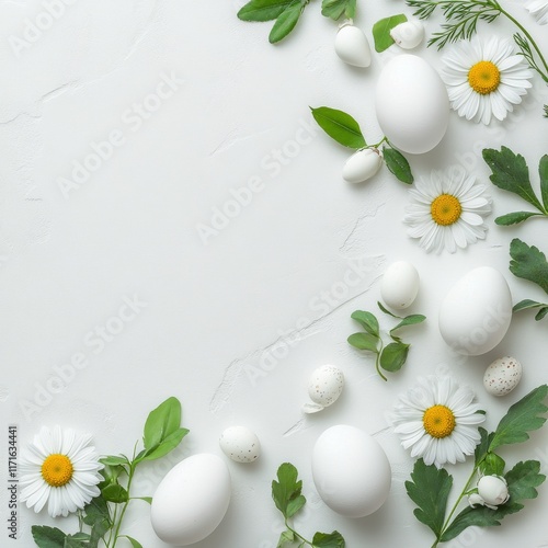 Fresh white eggs and herbs arranged with flowers on a light background for a ...