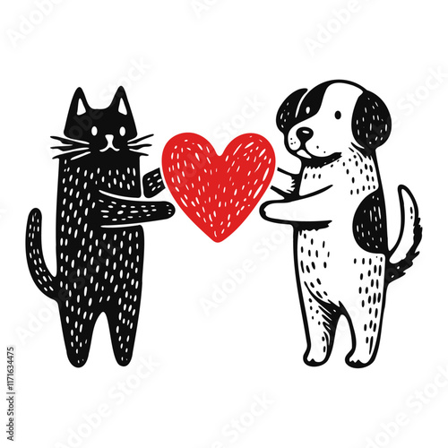 cat and dog holding a red heart, valentines day cartoon illustration