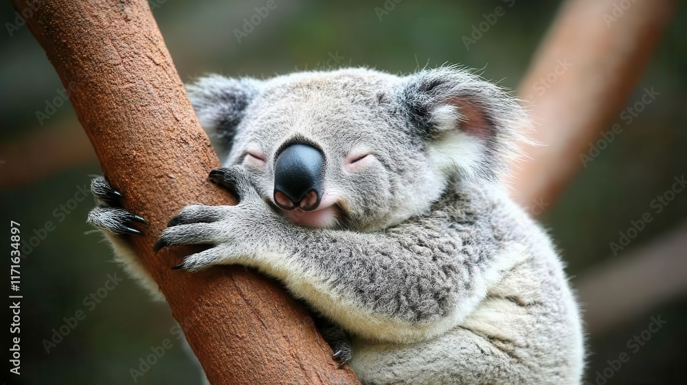 Naklejka premium Cute koala clinging to eucalyptus tree branch in a natural habitat, showcasing its adorable features and peaceful demeanor while resting outdoors.