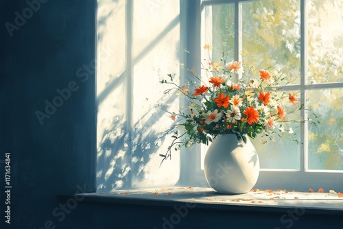 Bright flowers in a white vase by a sunlit window with shadows falling gently
