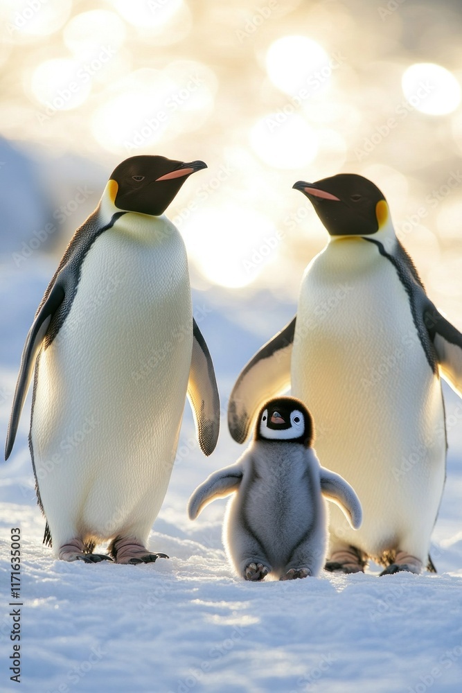 Fototapeta premium Emperor penguin family walking on snow during sunset