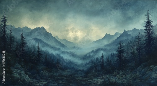 Mystical landscape with dark pine forests and misty mountains during twilight...