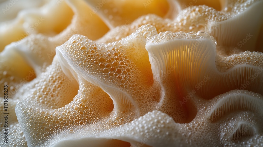 Close-up of creamy, foamy texture with air bubbles, resembling abstract landscape or organic form. Close-up of creamy, foamy texture with air bubbles, resembling abstract landscape or organic form.