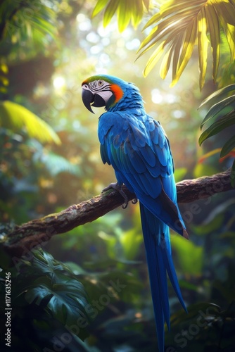 Colorful macaw perched on a branch in a vibrant rainforest during golden hour