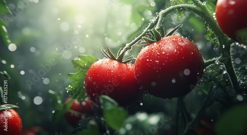 Fresh red tomatoes glistening with water droplets in a sunlit garden during m...
