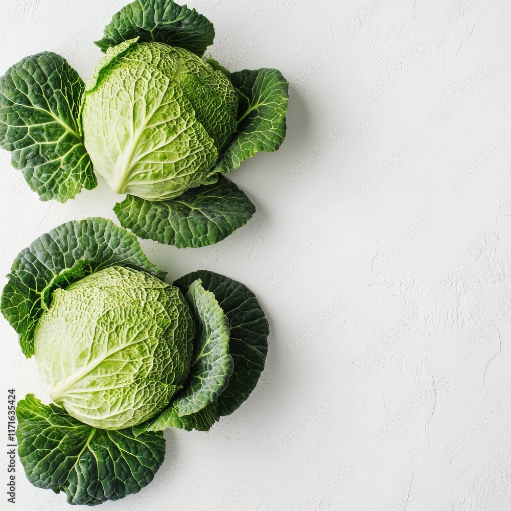 Fototapeta premium Fresh green cabbages arranged neatly on a white background for culinary use and presentation