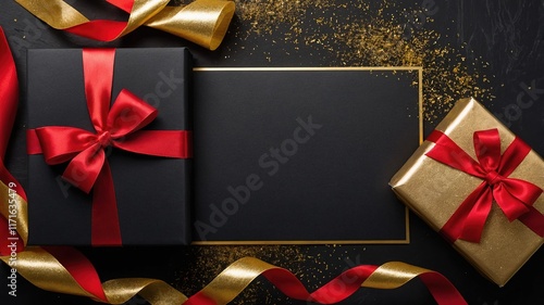 Composición festiva con caja de regalo negra y dorada, acompañada de tarjeta negra con borde dorado, rodeada de cintas rojas y doradas y purpurina dorada sobre fondo oscuro, ideal para celebraciones e