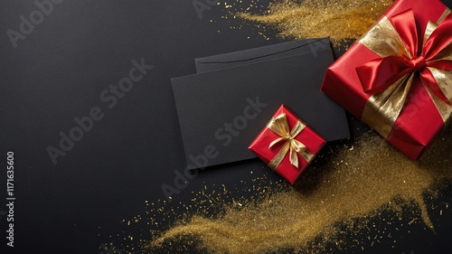 Elegante composición festiva con cajas de regalo rojas adornadas con cintas doradas y sobres negros sobre fondo oscuro con purpurina dorada, ideal para celebraciones especiales con espacio para texto