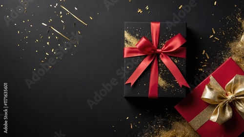 Diseño festivo de cajas de regalo negras y rojas con cintas doradas y rojas, rodeadas de confeti dorado sobre un fondo oscuro, perfectas para regalos navideños y ocasiones especiales