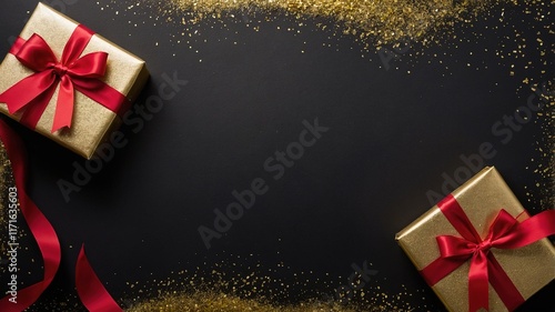 Regalos dorados con lazo rojo en fondo negro y con polvo dorado. Tarjeta de felicitación con espacio para texto