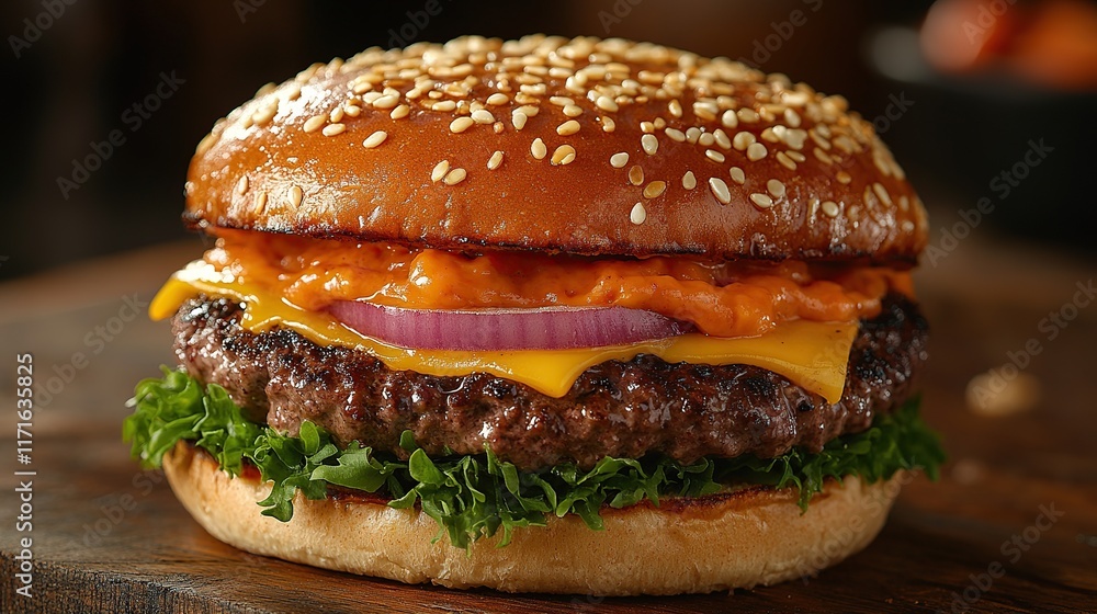Juicy grilled beef burger with cheddar cheese, red onion, lettuce, and spicy sauce on a sesame seed bun. Juicy grilled beef burger with cheddar cheese, red onion, lettuce, and spicy sauce on a sesame seed bun.