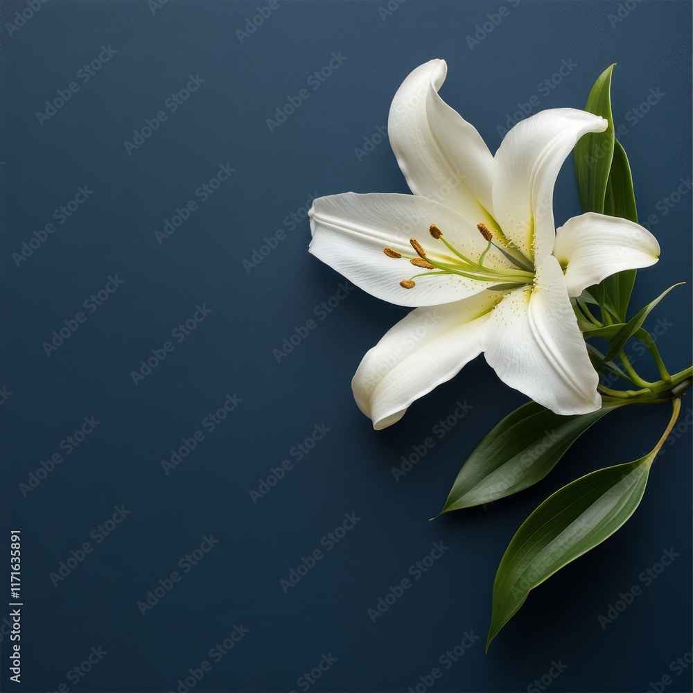 Obraz premium Elegant white lily on deep blue background showcasing natural beauty and simplicity