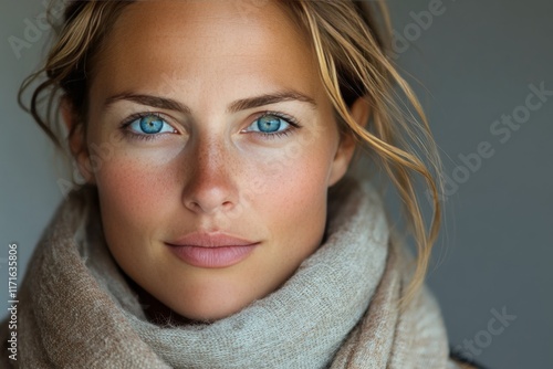 Portrait of a woman with blue eyes wearing a stylish scarf against a dark bac...