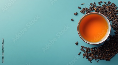 Brewing a rich cup of black tea with loose leaf on a vibrant blue background