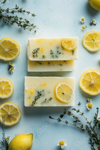 Delicious lemon and herb soap bars arranged on a natural woven tray with fres...