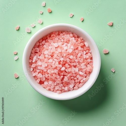 Pink Himalayan salt in a white bowl on a mint green surface enhances any culi...